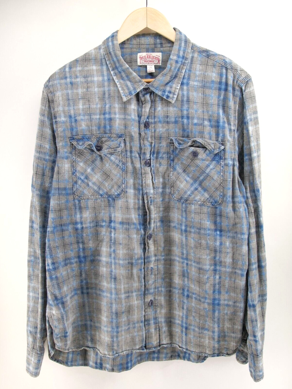 TRUE RELIGION Shirt Adult XL Gray Blue Plaid Casual Button Down SPORTSWEAR